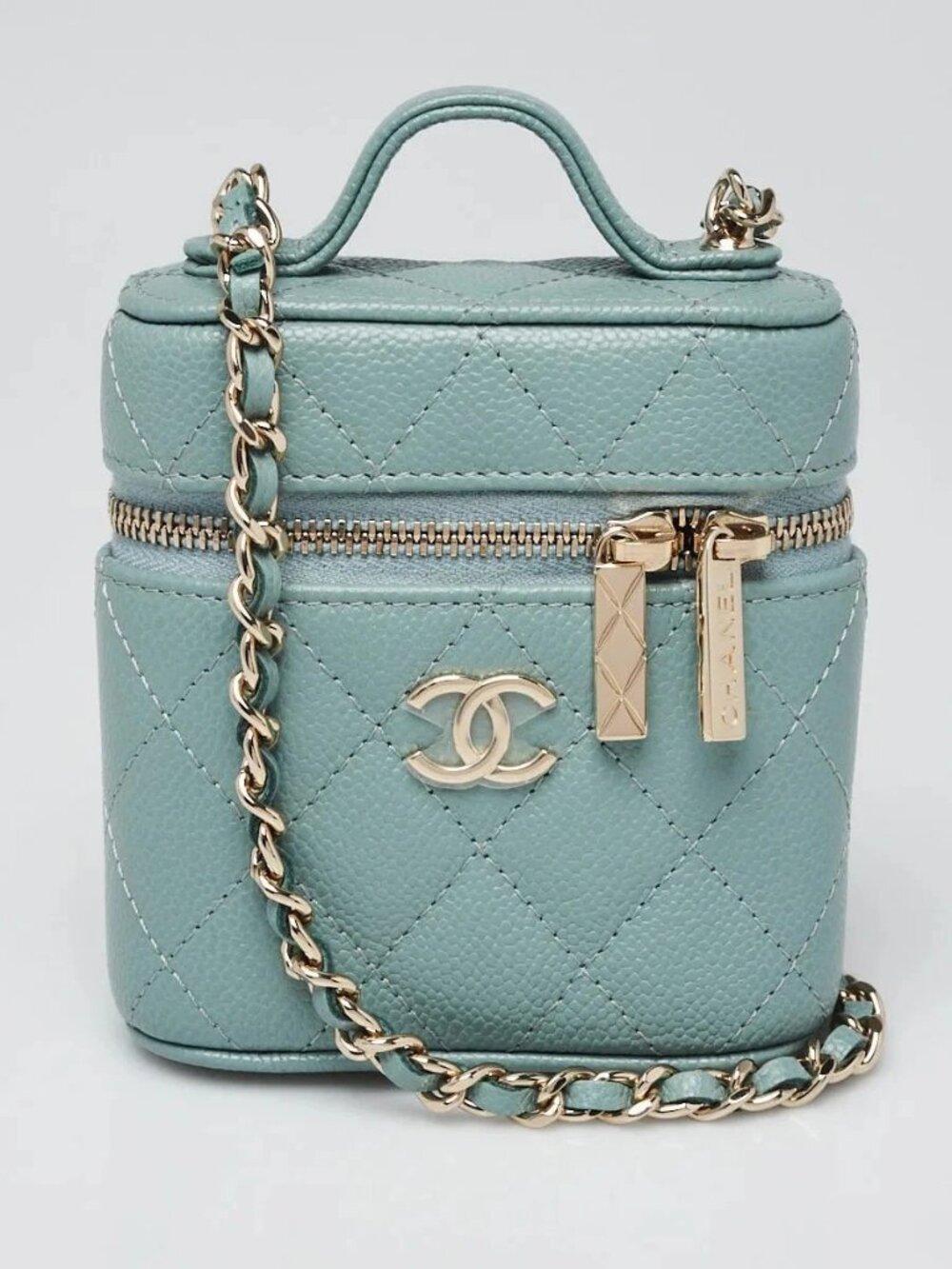 Chanel Green Quilted Caviar Leather Handle with Care Mini Vanity Case Bag